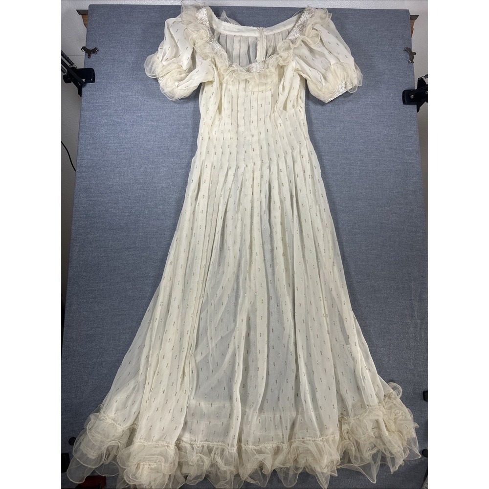 Be Queen Story Ruffled Ivory Sheer Lace Whimsical Long Dress XS 0/2 US